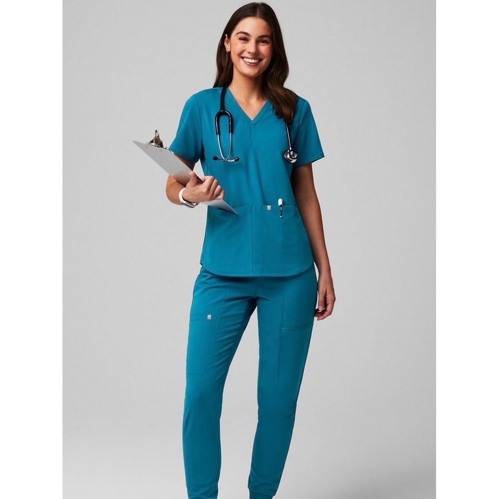 Fabletics Teal Scrub Set XS V-Neck Top Jogger Pants
